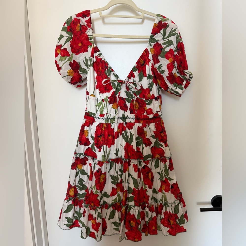 Lena Red Floral Puff-Sleeve Tiered Dress on White